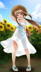  1girl :d arm_behind_back arm_up blue_ribbon blue_sky brown_eyes brown_hair cloud collarbone day doukyuusei_another_world dress field floating_hair flower flower_field full_body game_cg hair_intakes hat kakyuusei_2 long_hair looking_at_viewer official_art open_mouth outdoors ponytail ribbon saimon_tamaki see-through shiny shiny_hair sky sleeveless sleeveless_dress smile solo standing straw_hat sun_hat sundress sunflower very_long_hair white_dress white_ribbon yellow_flower younger 