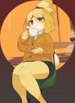  1girl animal_crossing animal_ears bangs bell blonde_hair blush blush_stickers body_fur bright_pupils brown_eyes brown_footwear cardigan closed_mouth coffee_maker_(object) collared_shirt commentary cup dog_ears dog_girl dog_tail drink eyebrows_visible_through_hair flat_chest flower furry furry_female green_skirt hair_bell hair_ornament hair_tie half-closed_eyes hands_up happy highres holding holding_cup holding_saucer isabelle_(animal_crossing) jingle_bell jpeg_artifacts knees_together_feet_apart kuroi_moyamoya legs long_sleeves looking_at_viewer miniskirt on_stool orange_background orange_cardigan pencil_skirt saucer shirt shoes short_hair sitting skirt smile solo steam stool tail teacup tied_hair topknot white_flower white_fur white_pupils white_shirt yellow_fur 