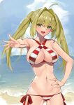  1girl ahoge ass_visible_through_thighs bangs beach bikini blonde_hair blush breasts c-da cleavage day fate/grand_order fate_(series) green_eyes hair_between_eyes hand_up highres large_breasts long_hair nero_claudius_(fate)_(all) nero_claudius_(swimsuit_caster)_(fate) ocean open_mouth outdoors side-tie_bikini sidelocks solo striped striped_bikini swimsuit twintails water 