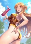  1girl ass asuna_(sao) bangs bare_shoulders blonde_hair blush bottle braid breasts covered_nipples eyebrows_visible_through_hair from_side gold_swimsuit hassen_(8cm) highleg highleg_swimsuit holding holding_bottle large_breasts long_hair looking_at_viewer one-piece_swimsuit open_mouth orange_eyes outdoors parted_bangs shiny_swimsuit sky sleeveless smile solo swimsuit sword_art_online yellow_swimsuit 