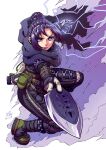  1girl apex_legends artist_name bangs black_bodysuit black_footwear black_scarf bodysuit boots dust electricity floating_hair hair_bun highres holding holding_knife knife kunai looking_at_viewer open_hand parted_bangs purple_eyes purple_hair scarf solo squatting twitter_username v-shaped_eyebrows weapon wraith_(apex_legends) xin_(xin24) 