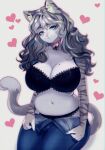 &lt;3 anthro awee beauty_mark bell bell_collar big_breasts blue_eyes bottomwear breasts cleavage clothed clothing collar denim denim_clothing domestic_cat felid feline felis female fur grey_body grey_fur grey_hair hair heart_background hi_res jeans mammal panties pants partially_clothed rba slightly_chubby smile solo striped_body striped_fur stripes underwear undressing 