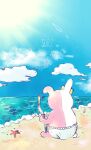  beach bow cloud commentary_request copyright_name danganronpa_(series) danganronpa_2:_goodbye_despair day diaper ear_bow from_behind hair_bow highres holding holding_stick horizon kiri_(2htkz) monomi_(danganronpa) no_humans ocean sitting solo stick stuffed_animal stuffed_bunny stuffed_toy water 