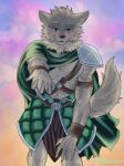  abs anthro armor athletic athletic_anthro athletic_male blush canid canine canis cheek_tuft cloak clothing cloudy_sky facial_tuft fangs far_beyond_the_world_(series) fluffy fluffy_tail green_eyes head_tuft hi_res male mammal neck_tuft offering_hand okaminoyoru ranok_(far_beyond_the_world) simple_background smile smiling_at_viewer solo tuft video_games visual_novel wolf 