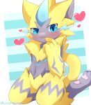  &lt;3 2020 absurd_res ambiguous_gender anthro blue_eyes featureless_crotch fingers fur hi_res kemosyotaralsei legendary_pok&eacute;mon looking_at_viewer nintendo pawpads pok&eacute;mon pok&eacute;mon_(species) signature solo tongue tongue_out video_games yellow_body yellow_fur zeraora 