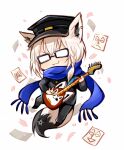  1girl absurdres animal_ears bangs black_jacket black_legwear blue_scarf braid chibi commentary_request earrings eyebrows_visible_through_hair fox_ears fox_girl fox_tail glasses guitar hair_between_eyes hat highres holding holding_instrument hololive instrument jacket jewelry miteiru_(shirakami_fubuki) pants peaked_cap pentagram plectrum scarf shirakami_fubuki sidelocks simple_background single_braid smug solo sukemyon tail v-shaped_eyebrows virtual_youtuber white_background white_hair 