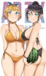  2girls apex_legends arms_behind_back ass bikini black_bikini black_hair blue_eyes blue_ribbon blush breasts cleavage copyright_name food fruit hair_behind_ear hair_bun hair_ribbon highres holding holding_food holding_fruit loa_(loa_apex_more) medium_breasts midriff multiple_girls navel ribbon short_hair swimsuit swimwear v-shaped_eyebrows watermelon wattson_(apex_legends) wraith_(apex_legends) yellow_bikini 