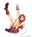  1girl black_bra boots bra breasts brown_eyes brown_hair cable character_name commentary crop_top english_commentary full_body hand_up high_heel_boots high_heels highres holding holding_microphone jacket leg_up looking_at_viewer medium_breasts meiko meiko_(vocaloid3) microphone miniskirt open_mouth red_jacket red_skirt short_hair skirt smile solo underwear vocaloid w white_background yen-mi zipper_skirt 