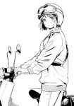  1girl absurdres bangs bicycle blunt_bangs blush commentary fanny_pack fuyuno_kamome gloves goggles goggles_on_headwear ground_vehicle highres honda_super_cub jacket koguma_(super_cub) long_sleeves looking_at_viewer monochrome motor_vehicle motorcycle pants short_hair super_cub sweatsuit track_jacket track_pants track_suit 