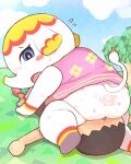  2017 animal_crossing anthro blue_eyes blush butt clothing duo elephant elephantid facesitting female footwear hi_res human human_on_anthro interspecies kneeling looking_worried male male/female mammal margie_(animal_crossing) markings multicolored_tail nintendo open_mouth overweight overweight_female panties proboscidean rantan_chan shirt topwear underwear video_games villager_(animal_crossing) white_body 