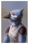  anthro avian beak bird blue_body blue_eyes blue_feathers blue_jay bust_portrait chest_tuft clothing corvid feathers jay_(bird) jewelry looking_at_viewer male necklace new_world_jay oscine passerine portrait rainbowfoxy shirt smile solo tank_top topwear tuft 