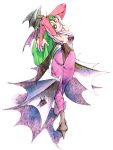  1990s_(style) 1girl animal_print arms_up ass bangs bat_wings bengus boots breasts bridal_gauntlets cleavage demon_girl full_body green_eyes green_hair head_wings high_heels leotard long_hair morrigan_aensland official_art pantyhose print_legwear purple_legwear retro_artstyle smile solo standing thigh_gap traditional_media twisted_torso vampire_(game) watercolor_(medium) wings 