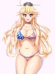  1girl american_flag_bikini bikini blonde_hair blue_eyes breasts choker cleavage collarbone flag_print iowa_(kancolle) kantai_collection large_breasts long_hair looking_at_viewer nak_yama navel open_mouth round_teeth simple_background sitting solo star-shaped_pupils star_(symbol) swimsuit symbol-shaped_pupils teeth upper_teeth white_background 