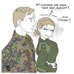  1boy 1girl absurdres angry artist_logo blonde_hair breasts camouflage camouflage_jacket clenched_teeth english_text finnish_army green_sweater hands_on_hips highres jacket large_breasts long_sleeves military military_rank_insignia military_uniform original ostwindprojekt partially_colored short_hair simple_background sketch sweater teeth uniform upper_body white_background zipper 