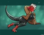  abstract_background anthro big_breasts breasts clothed clothing danji-isthmus dewclaw female lizard non-mammal_breasts pose reptile rubber rubber_suit scalie simple_background solo tight_clothing 