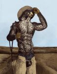  absurd_res anthro avian beak belt bird bottomwear chaps clothing cowboy cowboy_hat denim denim_clothing falcon falconid feathers field hat headgear headwear hi_res jeans looking_at_viewer male momamo muscular muscular_anthro muscular_male pants peregrine_falcon shirtless simple_background solo solo_focus 