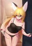  1girl :o absurdres animal_ear_fluff animal_ears bangs bare_arms bare_shoulders black_camisole black_panties blonde_hair blush breasts camisole collarbone commentary deku_suke doorway extra_ears eyebrows_visible_through_hair ezo_red_fox_(kemono_friends) fang fox_ears fox_girl fox_tail hair_between_eyes highres kemono_friends leaning_forward long_hair looking_away medium_breasts no_pants open_door open_mouth orange_eyes panties side-tie_panties solo strap_slip tail underwear very_long_hair 