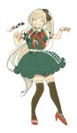  1girl bangs belt blonde_hair bow braid closed_eyes commentary_request danganronpa_(series) danganronpa_2:_goodbye_despair dress full_body green_dress grin hair_bow hands_up high_heels kiri_(2htkz) long_hair looking_at_viewer ponytail puffy_short_sleeves puffy_sleeves red_footwear shirt shoes short_sleeves simple_background smile solo sonia_nevermind thighhighs white_background white_belt zettai_ryouiki 