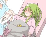 1boy 1girl 1other baby baby_carry blush crescent crescent_hair_ornament doctor green_hair hair_ornament hair_ornament_removed headpat highres hospital hospital_gown kantai_collection mother_and_child nagatsuki_(kancolle) pajamas pink_pajamas po0000000000 sweat tears umbilical_cord 
