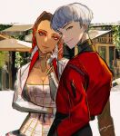  2girls apex_legends artist_name black_hair bomber_jacket bracelet braid breasts brown_eyes cleavage collarbone corset cropped_jacket dark_skin dark_skinned_female ear_piercing eyeshadow fingerless_gloves gloves gold_choker gradient_hair hair_behind_ear head_tilt highres jacket jewelry kanashiki loba_(apex_legends) looking_at_viewer makeup multicolored_hair multiple_girls parted_lips piercing red_eyeshadow red_jacket silver_hair twin_braids umbrella valkyrie_(apex_legends) white_corset white_gloves white_jacket 