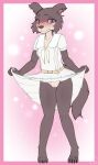  absurd_res anthro beastars blue_eyes blush bottomwear breasts canid canine canis claws clothed clothing clothing_lift embarrassed female fur genitals grey_body grey_fur hi_res juno_(beastars) looking_at_viewer mammal no_underwear omega56 pussy shy skirt skirt_lift small_breasts solo standing teenager wolf young 