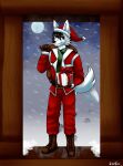  angel_wolf(angel_generations) anthro average_shape black_clothing black_hair black_shirt black_topwear blizzard_(weather) boots brown_boots brown_clothing brown_eyes brown_footwear brown_gloves canid canine canis christmas christmas_clothing christmas_headwear clothing costume dire_wolf footsteps footwear full_moon fur gift_box gift_wrapped gloves green_scarf hair handwear hat headgear headwear holidays kiwifox_(artist) male mammal moon night red_ribbon red_suit santa_costume santa_hat scarf shirt slim snow solo tailwag topwear white_body white_fur winter wolf wooden_door 