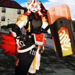  3d_(artwork) anthro arknights canid canine canis clothed clothing digital_media_(artwork) domestic_dog fur hair hi_res horn hung_(arknights) hypergryph male malicekira mammal multicolored_body multicolored_fur multicolored_hair one_eye_closed riot_shield smile solo studio_montagne two_tone_body two_tone_fur video_games white_body white_fur white_hair wink 