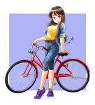  1girl belt bicycle brown_hair chutohampa denim full_body ground_vehicle jeans long_hair looking_at_viewer original pants purple_background purple_footwear shirt shirt_tucked_in shoes signature smile solo standing yellow_shirt 