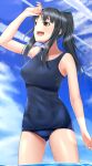  1girl black_hair blue_sky breasts brown_eyes cloud condensation_trail cowboy_shot day hattori_shizuka highres hiroshi_(hunter-of-kct) long_hair looking_up medium_breasts outdoors ponytail school_swimsuit sidelocks sky smile solo strike_witches swimsuit wading water world_witches_series 