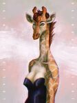 anthro breasts brown_hair cleavage clothed clothing dress female fur giraffe giraffid hair hi_res horn looking_at_viewer mammal mane nipple_outline ossicone portrait rainbowfoxy solo spots spotted_body spotted_fur tan_body tan_fur 