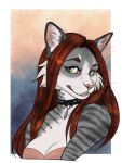  anthro bra breasts brown_hair cleavage clothed clothing domestic_cat eyelashes felid feline felis female fur green_eyes grey_body grey_fur hair hi_res jewelry long_hair looking_at_viewer mammal necklace pupils rainbowfoxy slit_pupils solo striped_body striped_fur stripes underwear whiskers 