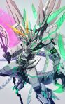  axe dragon energy_weapon glowing glowing_eye green_eyes gundam gundam_unicorn highres holding holding_axe kenko_(a143016) mecha mechanical_wings no_humans nt-d open_hand redesign science_fiction solo unicorn_gundam v-fin wings 