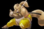  2021 anthro black_background bottomwear brown_body brown_fur canid canine clothing fur humanoid_hands kemono kiyo male mammal overweight overweight_anthro overweight_male pants raccoon_dog simple_background solo tanuki weapon 
