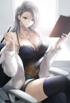  1girl breasts chair cleavage crossed_legs grin highres holding holding_notebook holding_pen indoors jacket lens_flare light_smile long_hair looking_at_viewer niijima_sae notebook parted_lips pen persona persona_5 sitting smile solo thighhighs tommy_(kingdukeee) white_jacket 