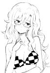  1girl bangs bikini blush breasts checkered checkered_bikini checkered_bikini_top cleavage collarbone cosplay drawfag expressionless eyebrows_visible_through_hair finger_to_face glasses greyscale hatching_(texture) highres kiryuu_moeka large_breasts linear_hatching looking_to_the_side messy_hair monochrome parted_bangs semi-rimless_eyewear simple_background sketch solo steins;gate swimsuit upper_body wavy_hair white_background 