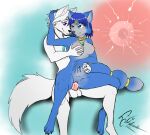 2021 anthro anthro_on_anthro arctic_fox balls blue_hair breast_grab breasts canid canine dekaisen eyebrows eyelashes female fluffy fluffy_tail fox genitals hair half-closed_eyes hand_on_breast happy happy_sex hi_res jewelry jewlery krystal male male/female mammal narrowed_eyes necklace nintendo pawpads penis purple_eyes sex short_hair signature smile star_fox tail_jewelry tail_ring vaginal video_games white_hair 