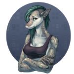  anthro breasts cleavage clothed clothing crossed_arms eyelashes female fish gills green_eyes green_hair hair looking_at_viewer marine nails non-mammal_breasts rainbowfoxy shark shirt solo tank_top topwear 