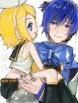  1boy 1girl bangs bare_shoulders black_collar black_shorts blonde_hair blue_hair blue_nails blue_scarf bow carrying child collar collared_shirt crop_top fang from_side hair_bow hair_ornament hairclip headphones holding_another kagamine_rin kaito korpokkur_kne leg_warmers looking_at_viewer nail_polish open_mouth sailor_collar scarf shirt short_hair short_shorts shorts skin_fang sleeveless sleeveless_shirt smile sweat swept_bangs tied_hair translated vocaloid white_bow white_shirt younger 