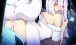  1girl ddangbi fangs fox_girl fox_tail highres korean_commentary long_hair looking_at_viewer lying mixed-language_commentary multiple_tails on_stomach open_mouth original panties rock saliva signature slit_pupils solo tail underwear white_hair white_panties white_tail yellow_eyes 