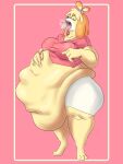  animal_crossing burping canid canine canis domestic_dog eyes_closed female hand_on_stomach hi_res isabelle_(animal_crossing) mammal nintendo overweight pretaxrat159 tongue tongue_out video_games vore wide_hips 