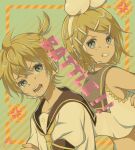  1boy 1girl absurdres anger_vein aqua_eyes arguing back-to-back bangs bare_shoulders bass_clef black_collar blonde_hair bow clenched_teeth collar collared_shirt crop_top crossed_arms english_text frown grey_collar hair_bow hair_ornament hairclip headphones headset highres kagamine_len kagamine_rin looking_at_another looking_back nail_polish necktie sailor_collar school_uniform sepia shirt short_hair short_ponytail sleeveless sleeveless_shirt spiked_hair swept_bangs syokorashimegi teeth upper_body vocaloid white_bow white_shirt yellow_nails yellow_neckwear 