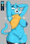  anthro armpit_hair blue_hair bodily_fluids body_hair breasts cartoon_network domestic_cat felid feline felis female genital_fluids hair hands_behind_back hi_res hikinks mammal mary_senicourt mature_female nipples one_breast_out pubes pussy_juice smelly solo the_amazing_world_of_gumball 