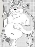  2021 anthro balls belly blush bodily_fluids canid canine canis censored cum cum_on_face domestic_dog duo eyes_closed genital_fluids genitals goujuyu japanese_text kemono male male/male mammal moobs navel nipples overweight overweight_male penis solo_focus text translation_request 