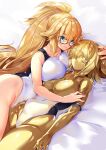  2girls ahoge black-framed_eyewear blonde_hair blue_eyes breasts closed_mouth commentary_request competition_swimsuit eyebrows_visible_through_hair fate/grand_order fate_(series) fujimaru_ritsuka_(female) glasses gold hair_between_eyes highres jeanne_d&#039;arc_(fate)_(all) jeanne_d&#039;arc_(swimsuit_archer)_(fate) large_breasts long_hair looking_at_another lying multiple_girls one-piece_swimsuit ponytail ruri_rarako short_hair smile swimsuit thighs white_swimsuit yuri 