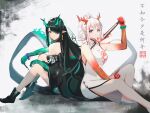  2girls absurdres aqua_hair arknights back-to-back bare_legs bead_bracelet beads black_footwear black_hair black_jacket boots bracelet braid breasts china_dress chinese_clothes chinese_commentary closed_mouth colored_skin dragon_horns dragon_tail dress dusk_(arknights) earrings fan folding_fan full_body green_skin grey_background hair_between_eyes hair_over_one_eye highres holding holding_fan holding_paintbrush horns jacket jewelry l.v.c. long_hair looking_at_viewer medium_breasts medium_hair multicolored multicolored_hair multicolored_skin multiple_girls nian_(arknights) nian_(unfettered_freedom)_(arknights) off_shoulder official_alternate_costume paintbrush pointy_ears ponytail prayer_beads purple_eyes red_eyes red_hair red_skin shoes side_slit sidelocks silver_hair simple_background sitting sleeveless sleeveless_dress smile straight_hair streaked_hair tail tassel tassel_earrings two-tone_hair white_dress white_footwear 