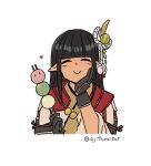  1girl asaya_minoru bangs black_gloves black_hair blunt_bangs blush closed_eyes closed_mouth cropped_torso dango facing_viewer food gloves hair_ornament hands_up heart hinoa holding holding_food japanese_clothes kimono long_sleeves monster_hunter_(series) monster_hunter_rise pointy_ears sanshoku_dango simple_background smile solo twitter_username upper_body wagashi white_background white_kimono 