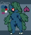  1-upclock 2021 3_fingers 3_toes anthro blue_body blue_nipples blue_scales breasts cherry_(1-upclock) claws feet female finger_claws fingers front_view genitals green_hair grey_background hair hair_over_eye hi_res ivysaur leaf leaf_hair long_hair looking_down medium_breasts model_sheet nintendo nipples nude one_eye_obstructed plant plant_hair pok&eacute;mon pok&eacute;mon_(species) pseudo_hair pupils pussy red_eyes scales scalie simple_background solo toe_claws toes video_games white_claws white_pupils 