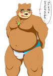  2021 anthro aosano_tenpura brown_body brown_fur clothing eyewear fur glasses hi_res japanese_text kemono male mammal overweight overweight_anthro overweight_male simple_background solo swimwear text tokyo_afterschool_summoners ursid video_games volos white_background 