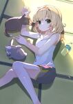  1girl bare_legs bare_shoulders blonde_hair bottle cat closed_mouth gochuumon_wa_usagi_desu_ka? green_eyes highres houjichaoic kirima_sharo lying short_hair shorts solo water_bottle wild_geese 