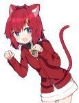  1girl :d ange_katrina animal_ears blue_eyes blush cardigan cat_ears cat_girl cat_tail hair_intakes hair_ornament hairclip leaning_forward looking_at_viewer nijisanji open_mouth paw_pose rabiiandrain red_cardigan red_hair short_hair simple_background smile solo tail triangle_hair_ornament virtual_youtuber white_background 